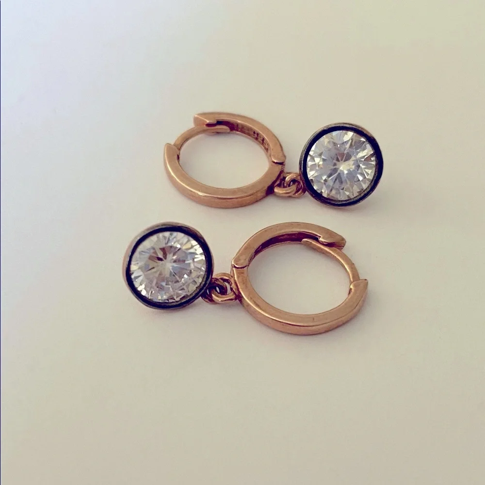 925 Silver round cz stone hoops earrings 14k rose gold plated